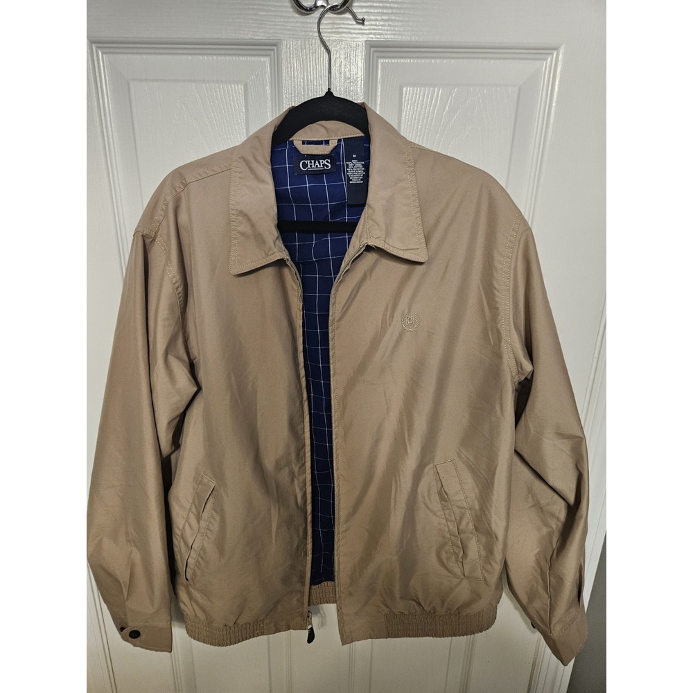 Chaps Mens Harrington Jacket Med Beige Full Zip Plaid Lined Grandpacore